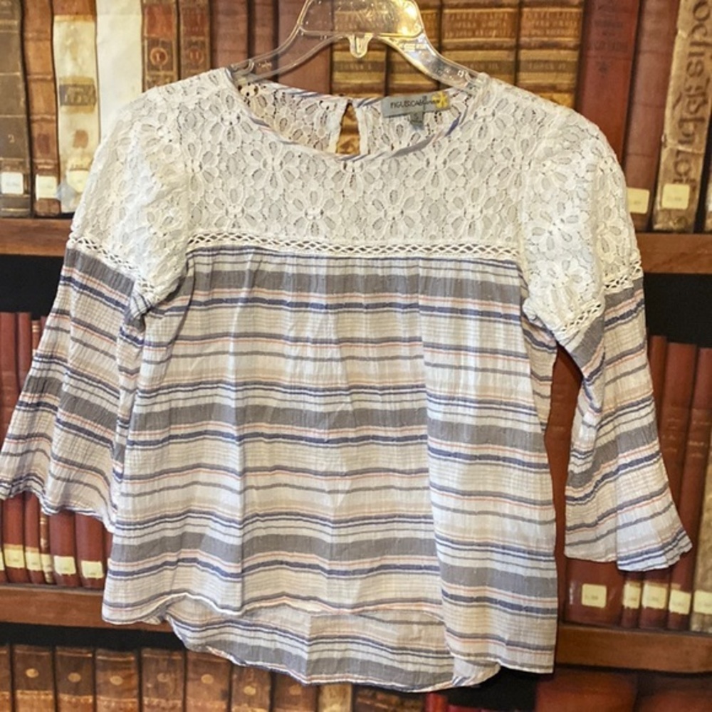 Fig And Flower Small‎ Top Peasant Boho Blouse Lace Stripes Shirt